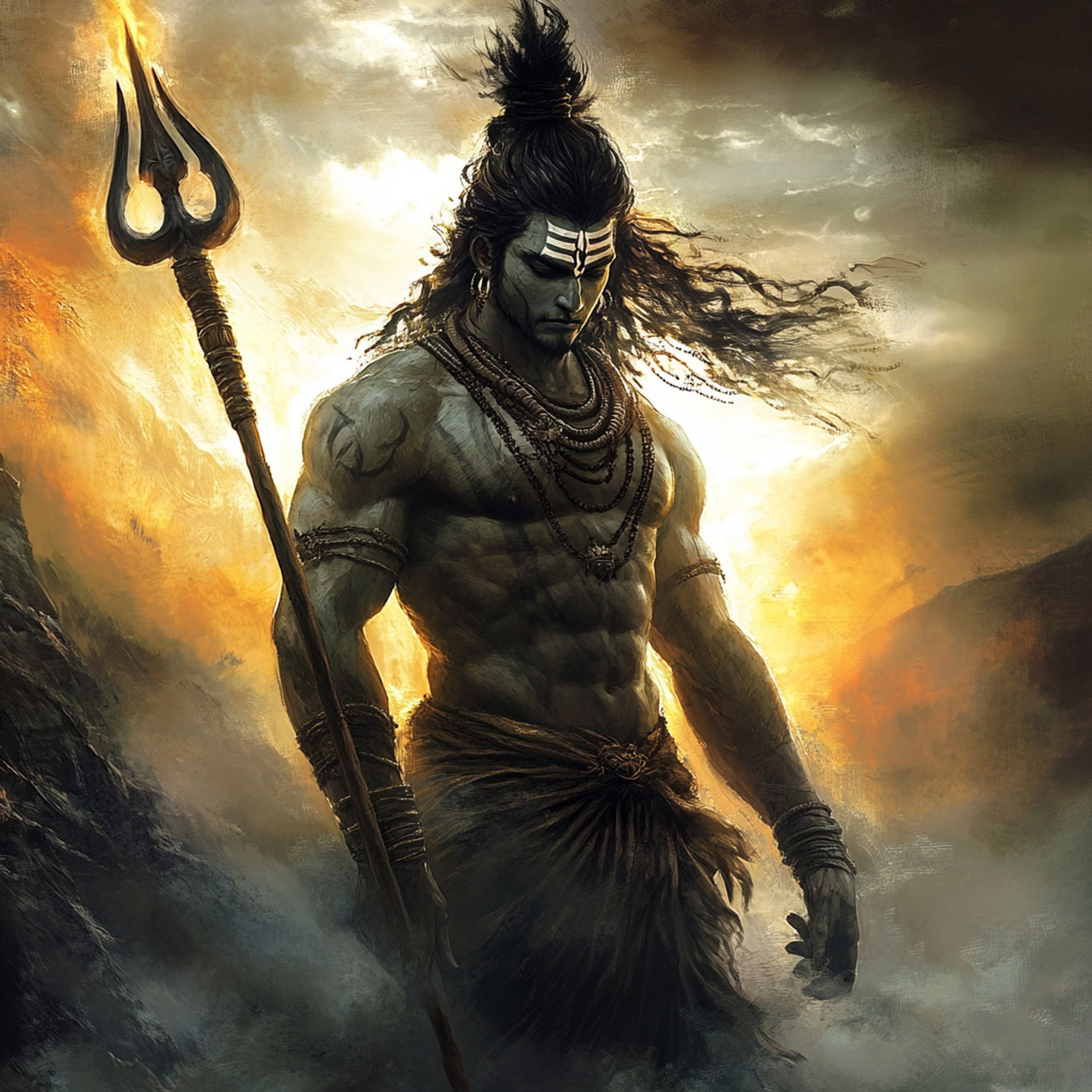 Fierce Mahadev with Trident and flowing hair