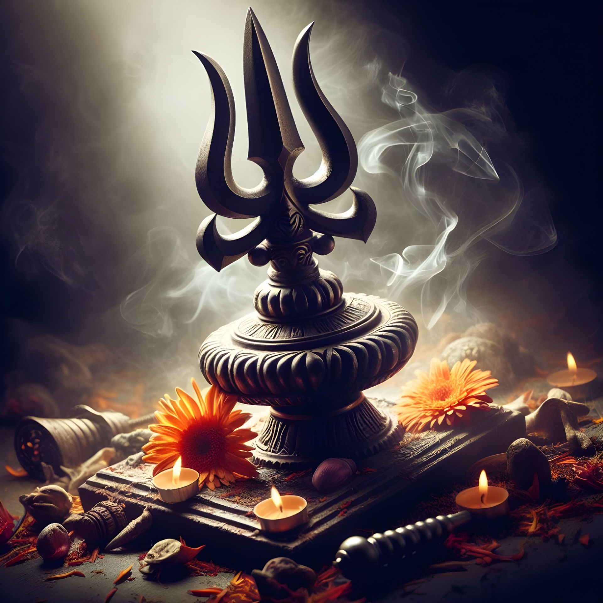 Shiva\'s trident with candles and flowers