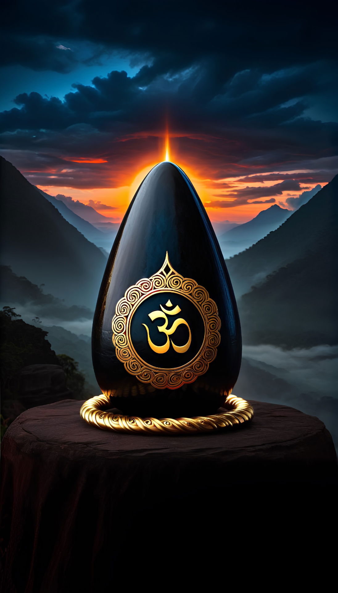 Shivling with Om symbol in mountains.