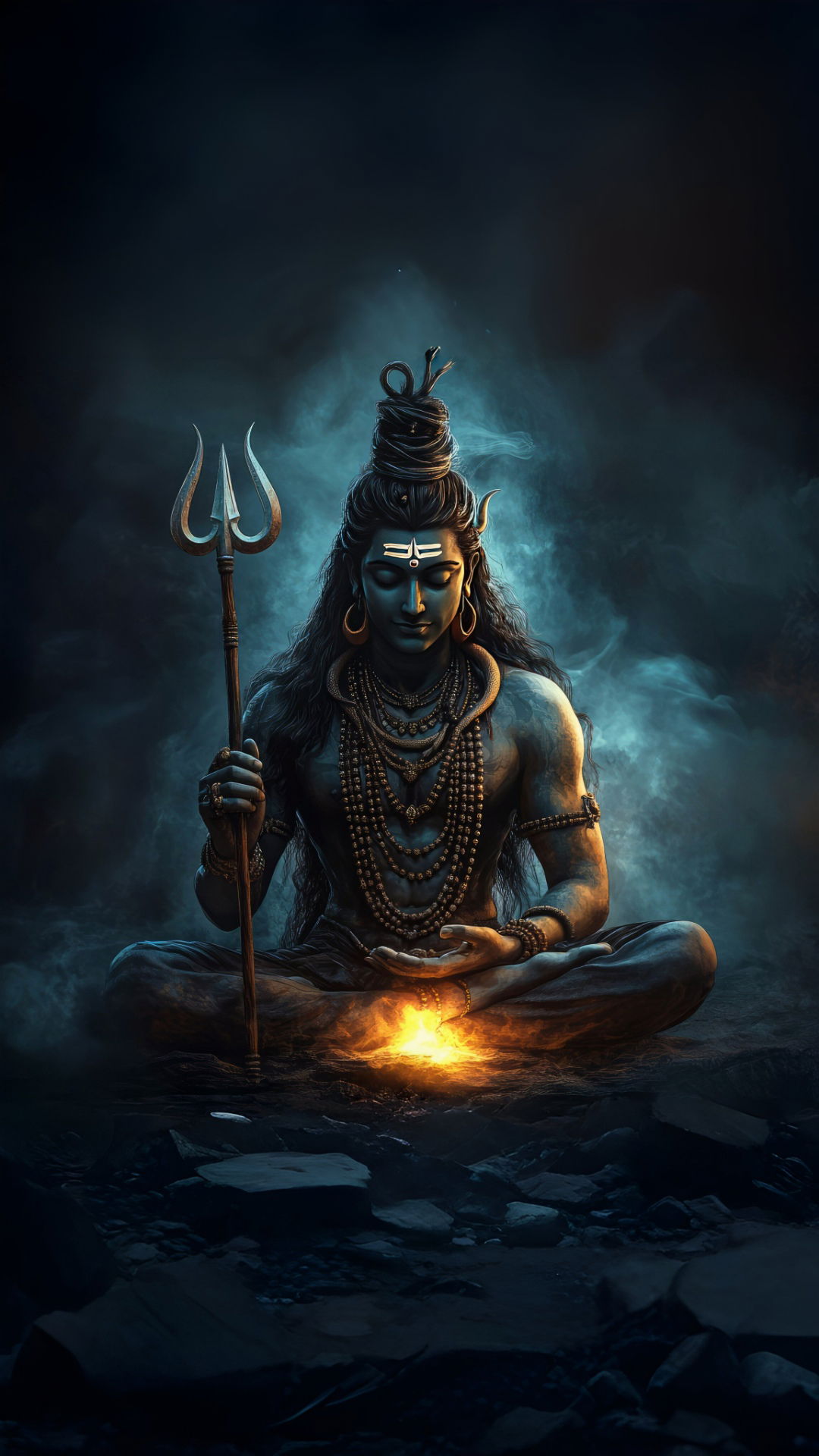 Meditating Shiva with Trishul and fire.
