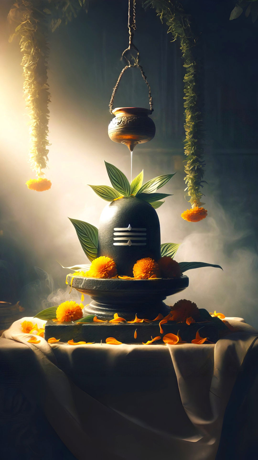 Shivalinga adorned with flowers and incense