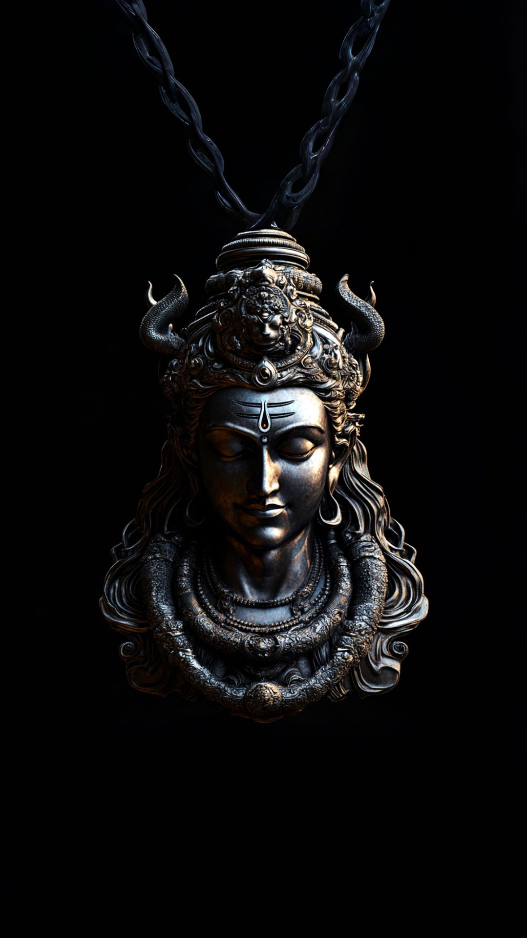 Detailed Shiva pendant portrait, dark background.