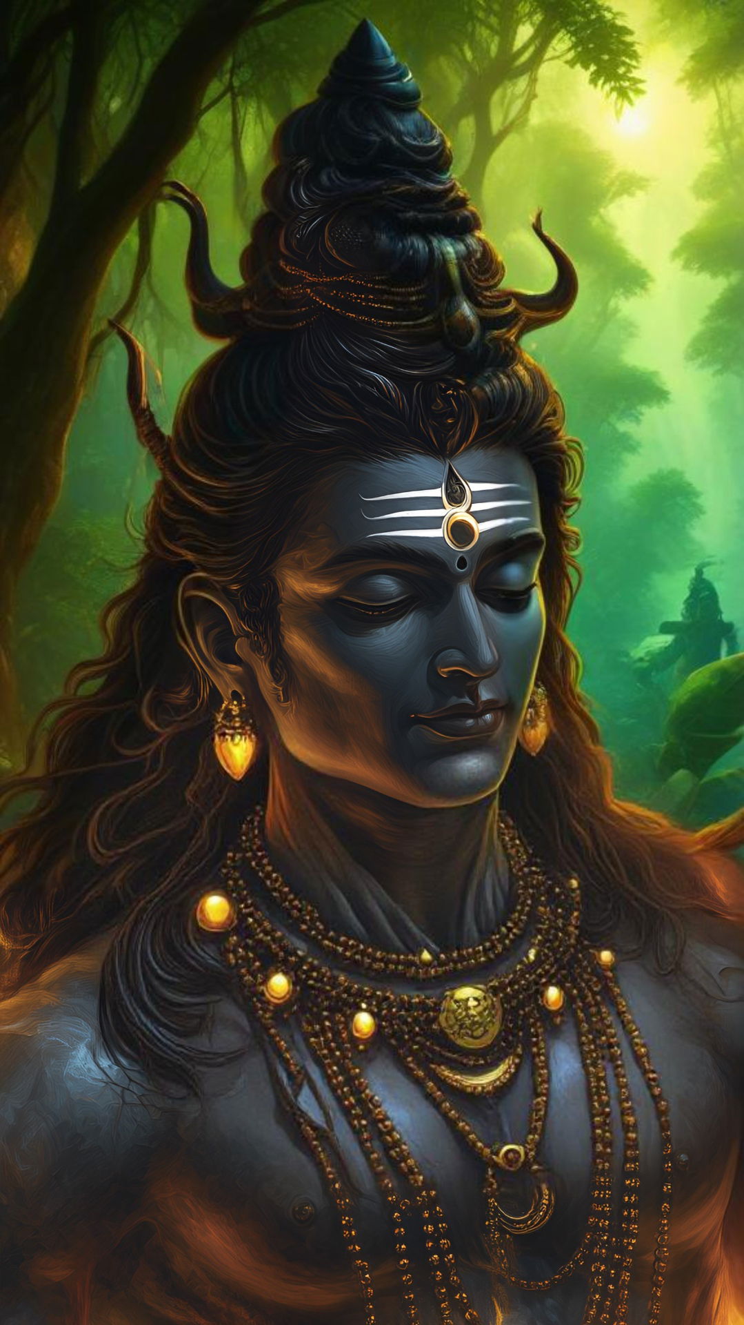 Meditating Shiva in lush forest setting