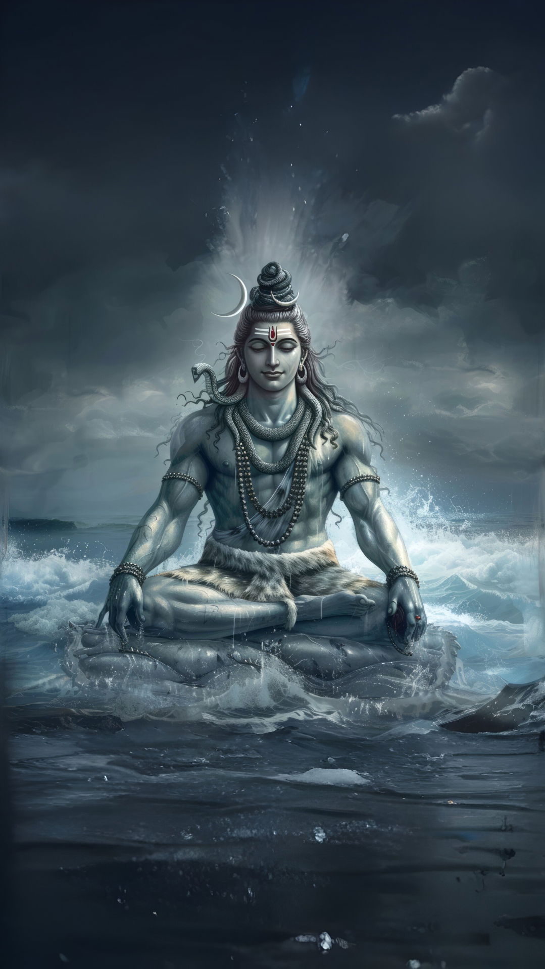 Meditating Shiva in stormy ocean waves