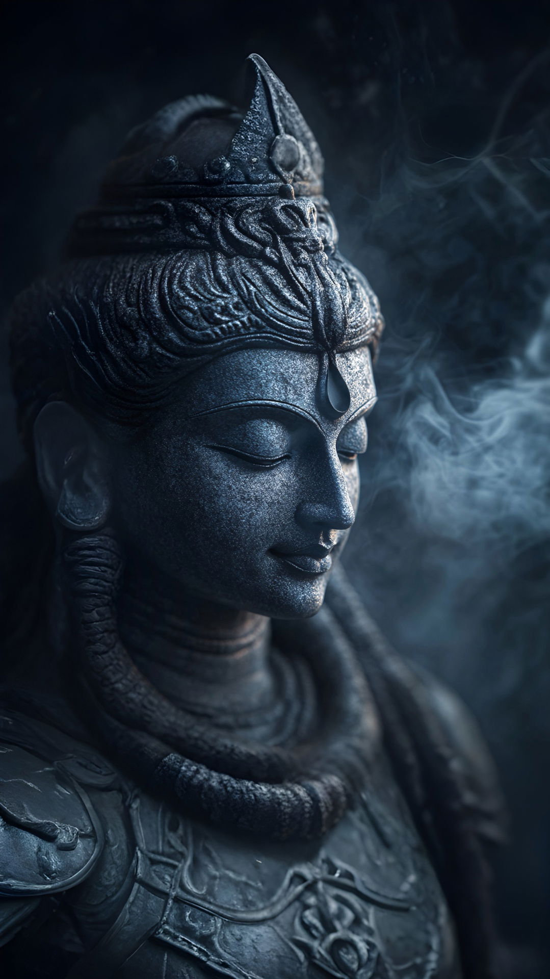 Meditating Shiva statue with smoke.
