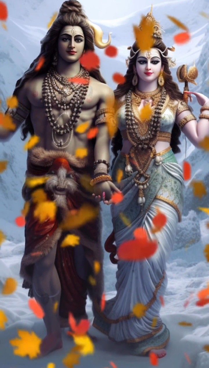 Shiva and Parvati walking amidst falling leaves