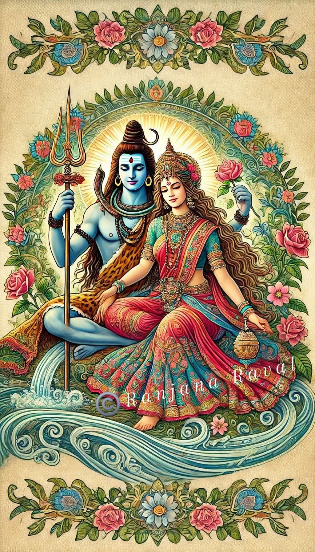 Shiva and Parvati in floral embrace