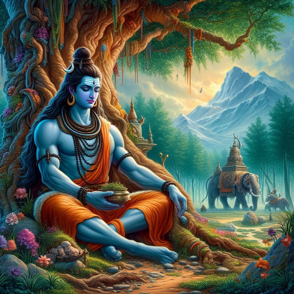 Shiva meditating under a sacred tree.