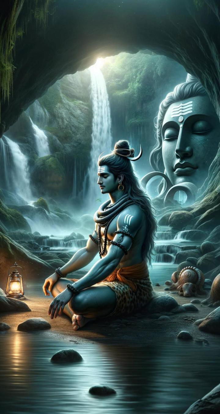 Meditating shiva amidst cascading waterfall