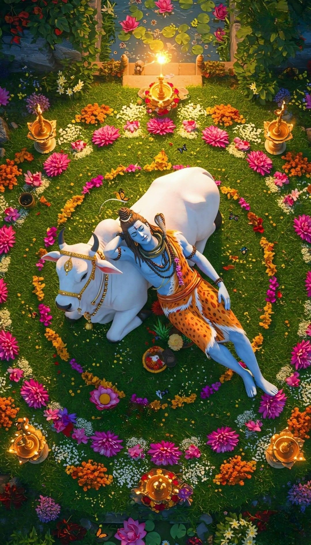 Shiva meditating with Nandi bull.