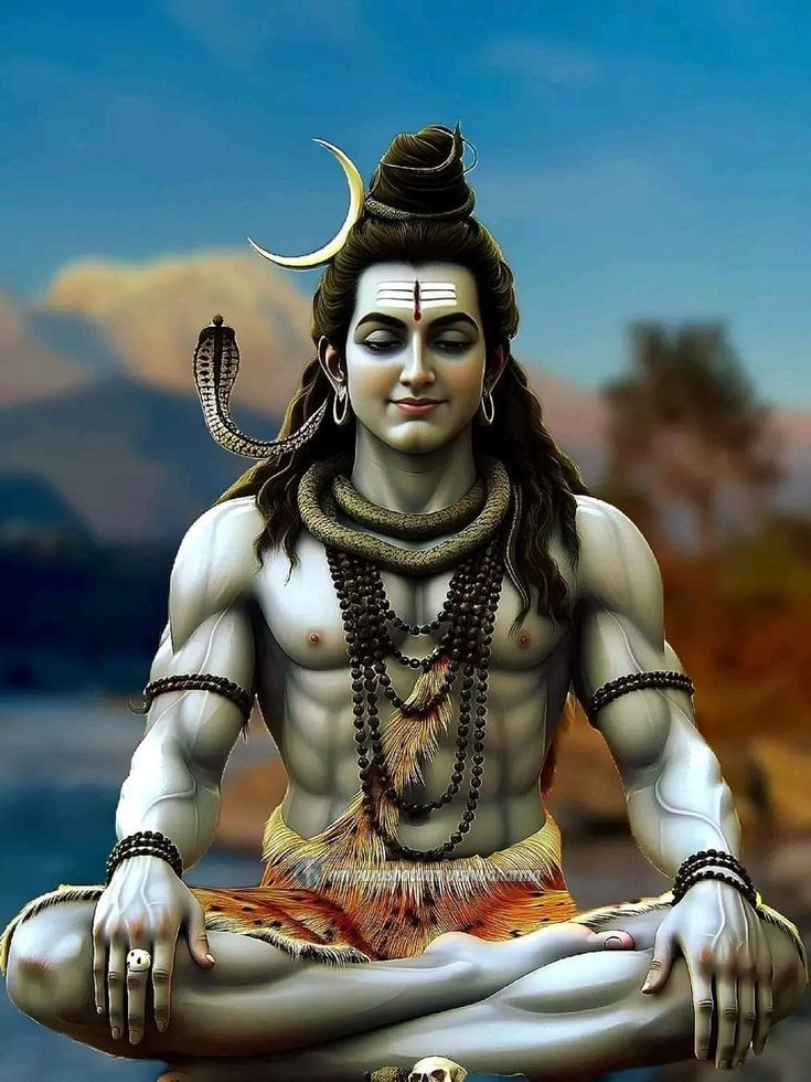 Meditating Shiva with crescent moon and serpent