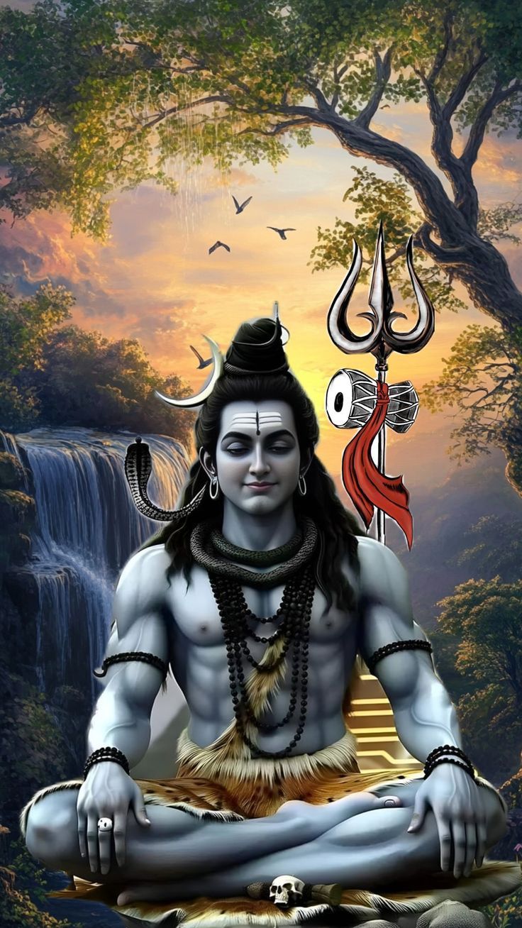 Meditating Shiva amidst waterfall landscape