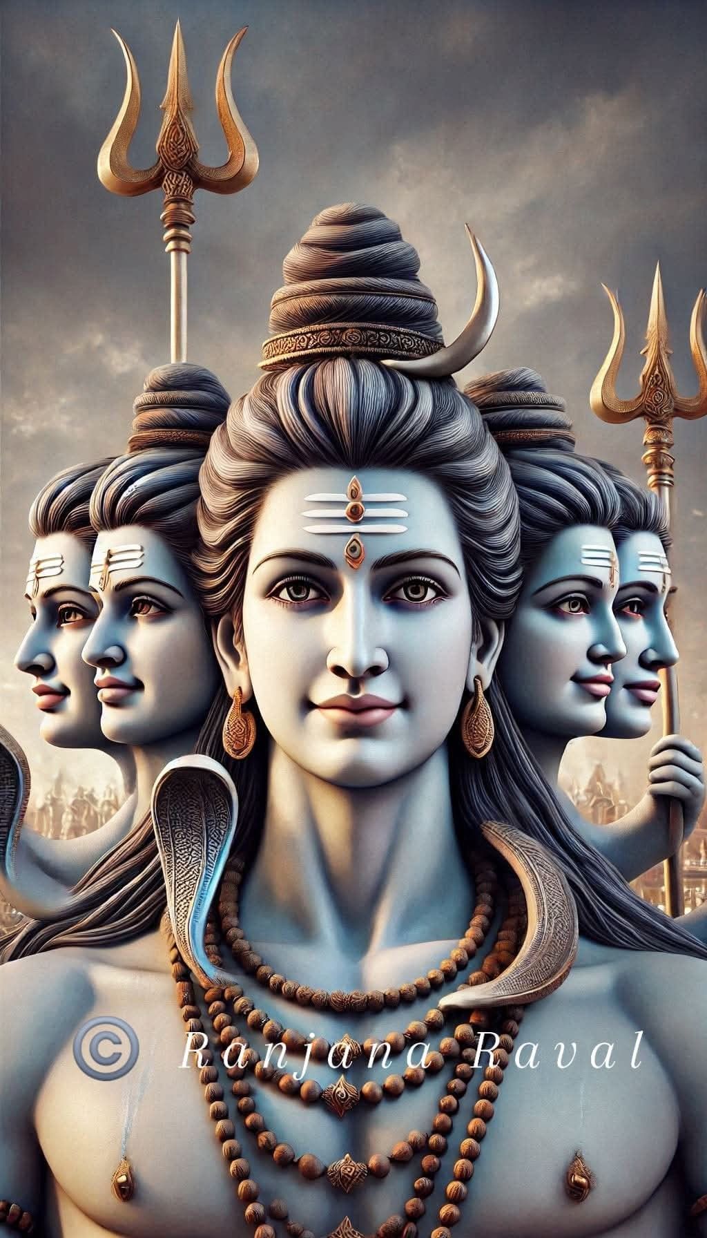 Three-faced Shiva with Trishul and serpent