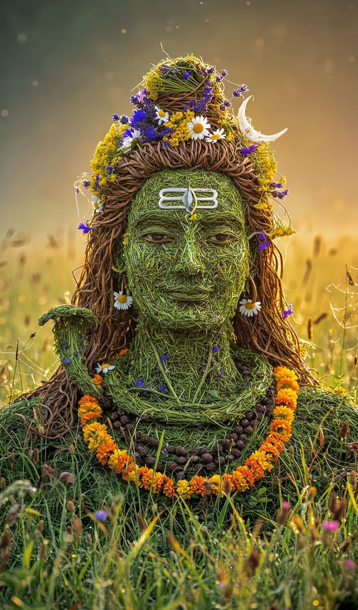 Shiva\'s face crafted from flowers and grass
