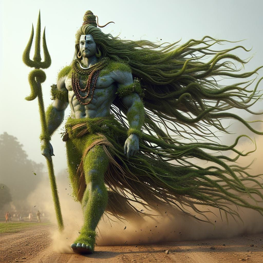 Shiva emerging from lush greenery