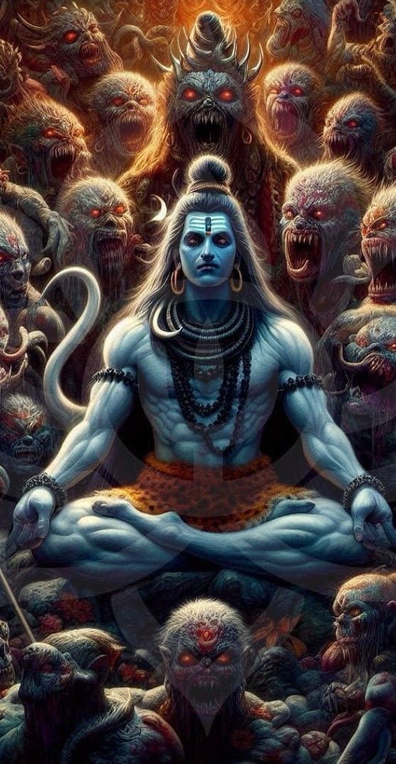 Meditating Shiva surrounded by demons