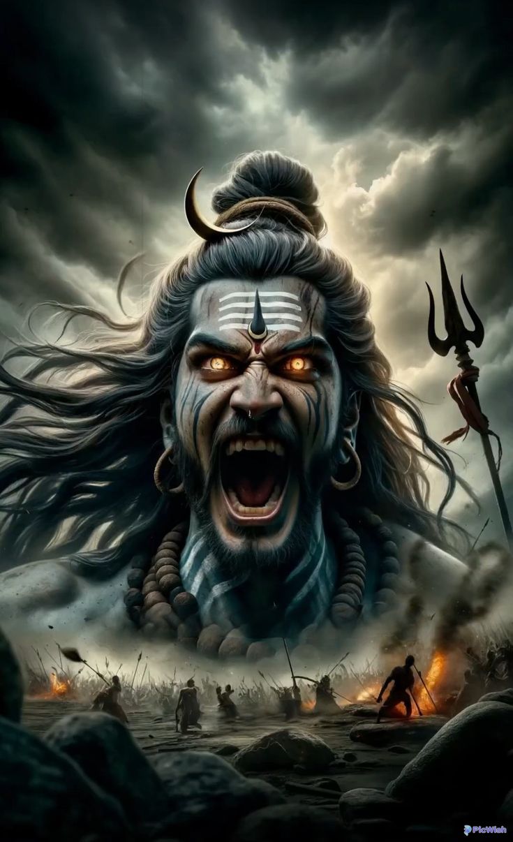 Angry Shiva with trident in battlefield.