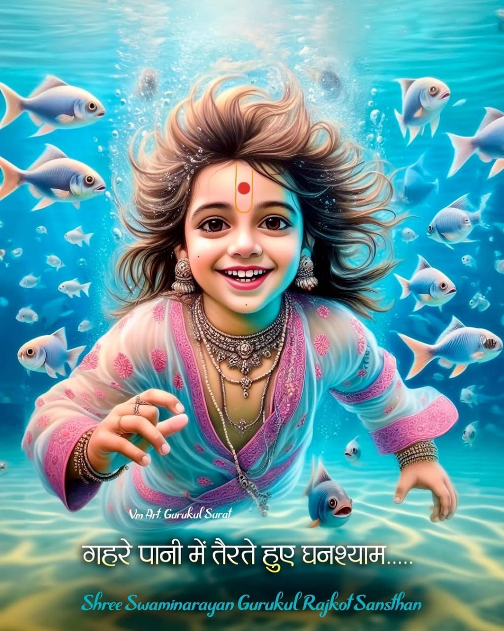 Young Swaminarayan surrounded by vibrant fish.