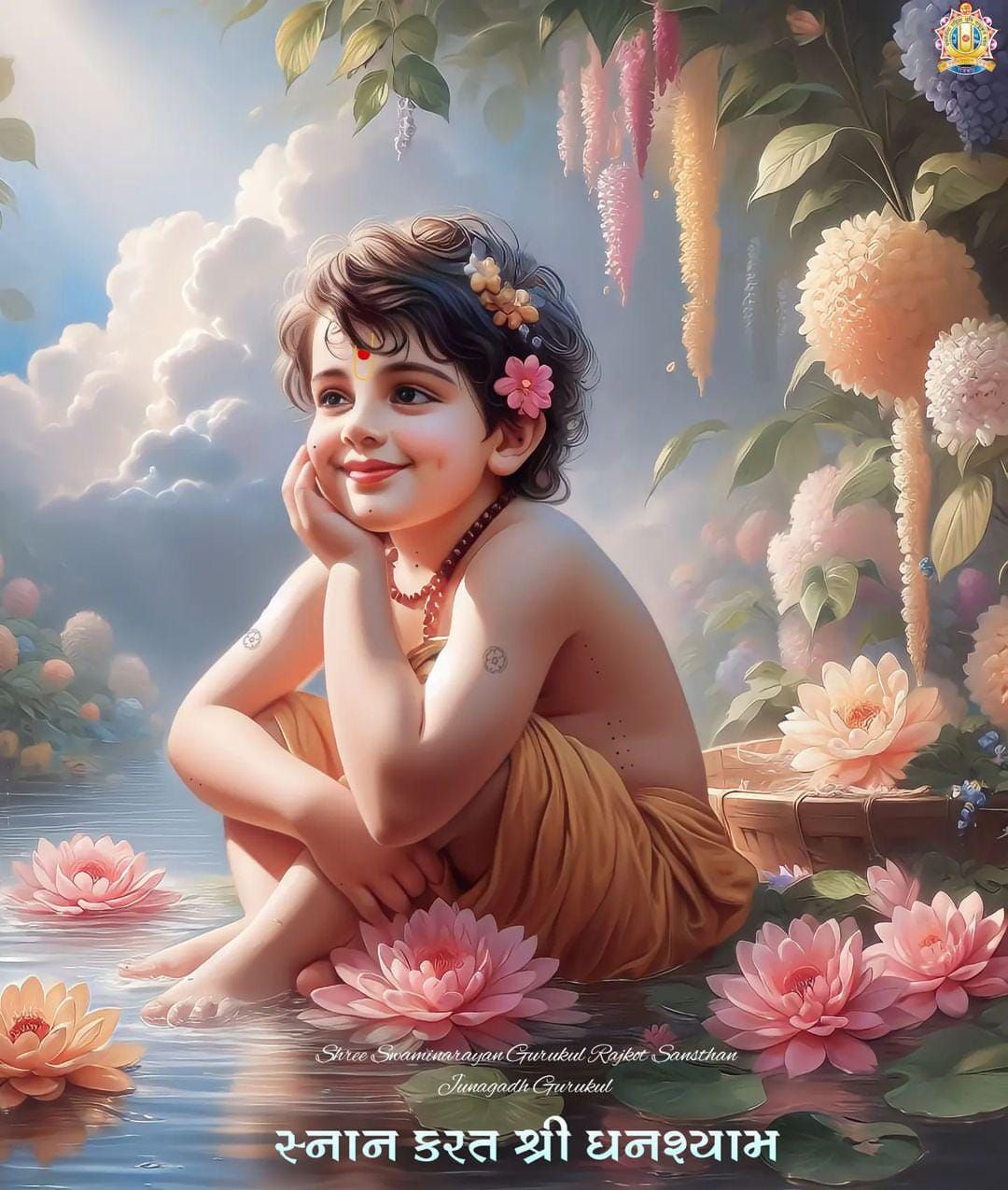 Adorable Bal Swaminarayan among lotus flowers