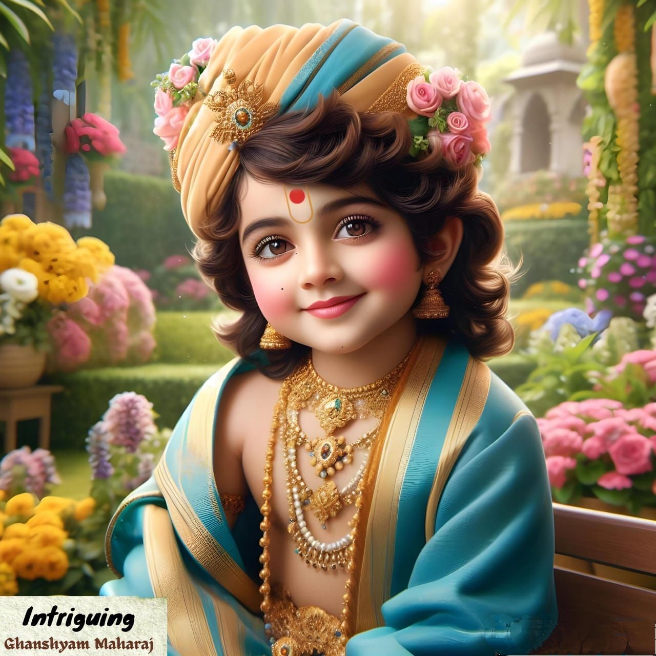 Young Swaminarayan with floral backdrop.