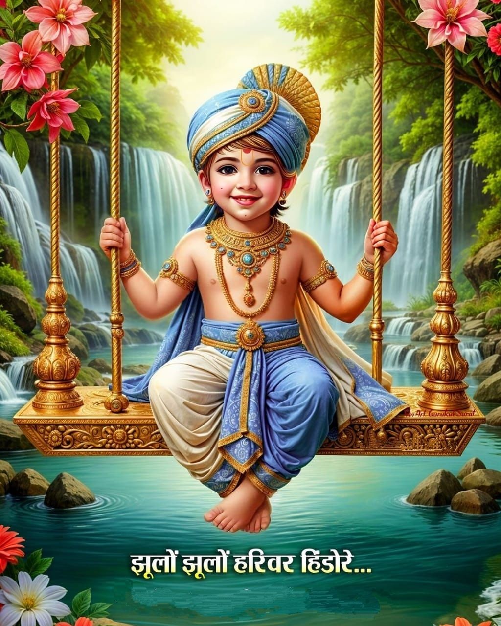 Young Swaminarayan on a floral swing