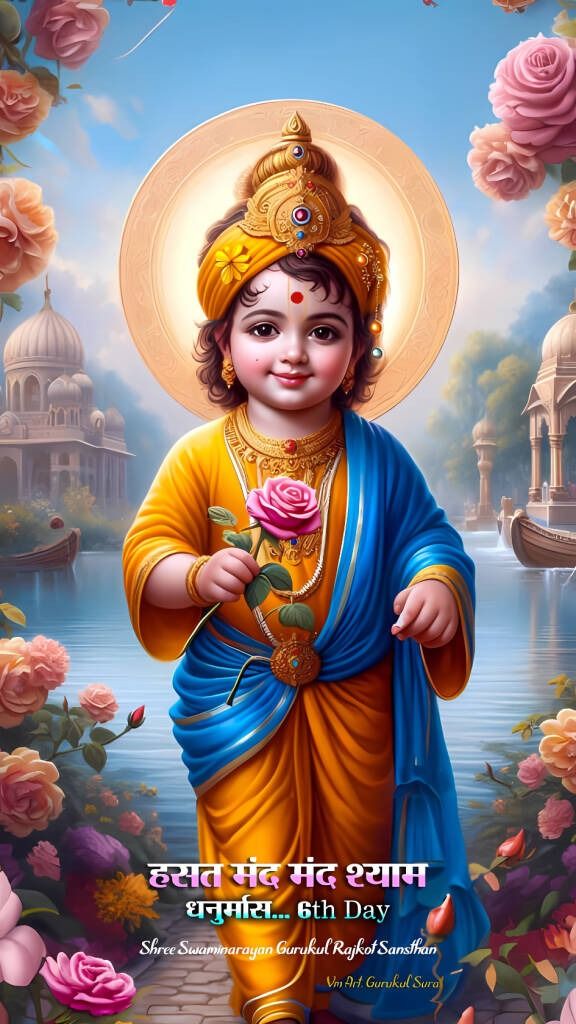Young Swaminarayan with a lotus flower