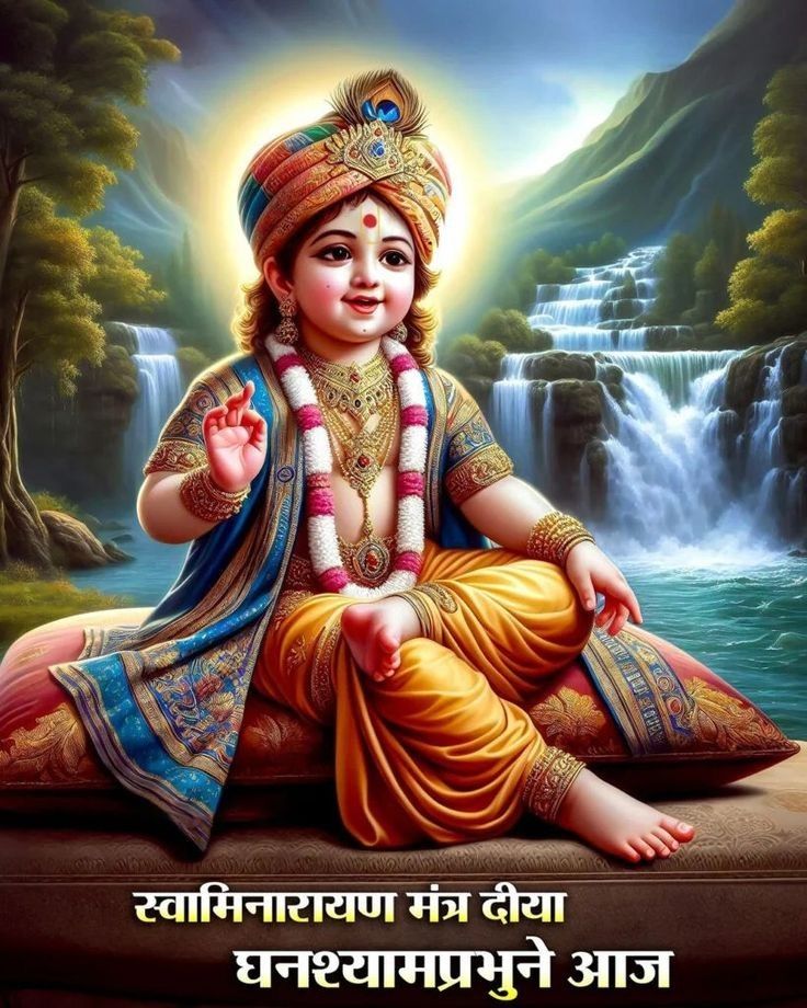 Young Swaminarayan by a waterfall