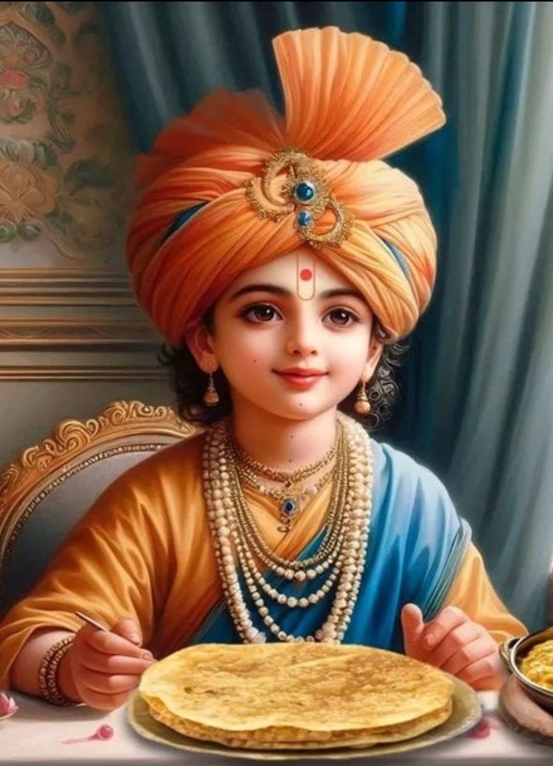 Young Swaminarayan enjoying a simple meal