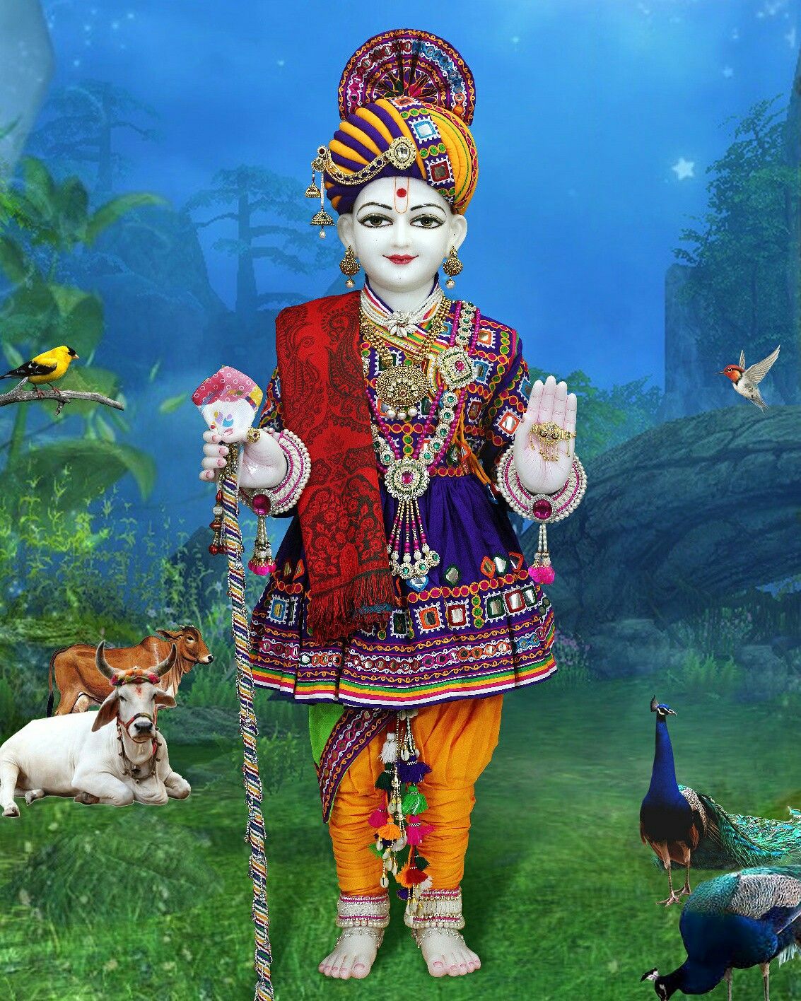 Young Swaminarayan in a lush forest