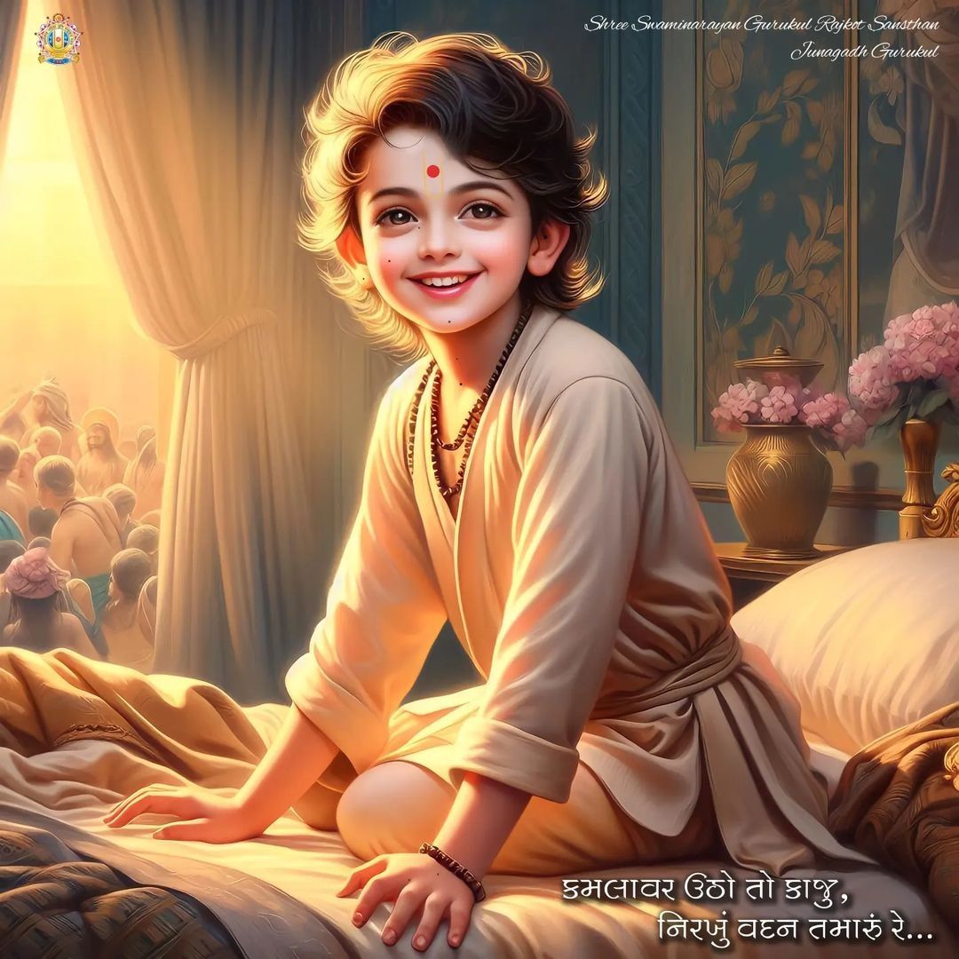 Young Swaminarayan with devotees, peaceful.