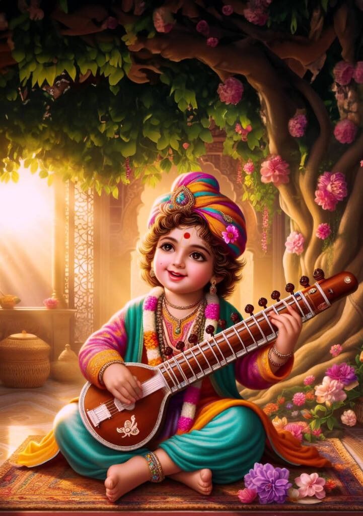 Young Swaminarayan playing the veena.