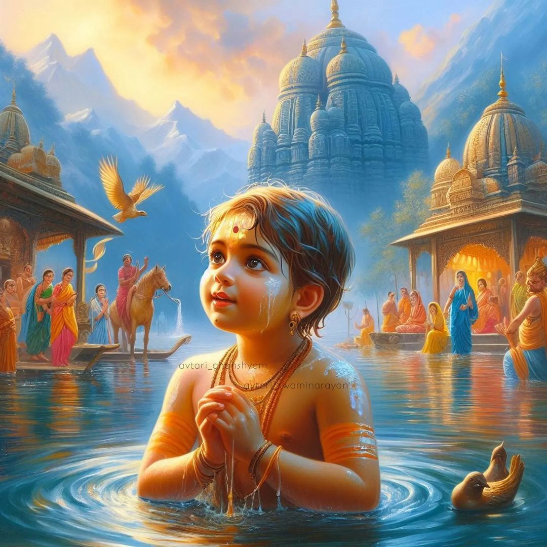 Young Swaminarayan praying in the river