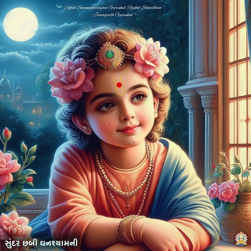 Young Swaminarayan surrounded by lotus flowers