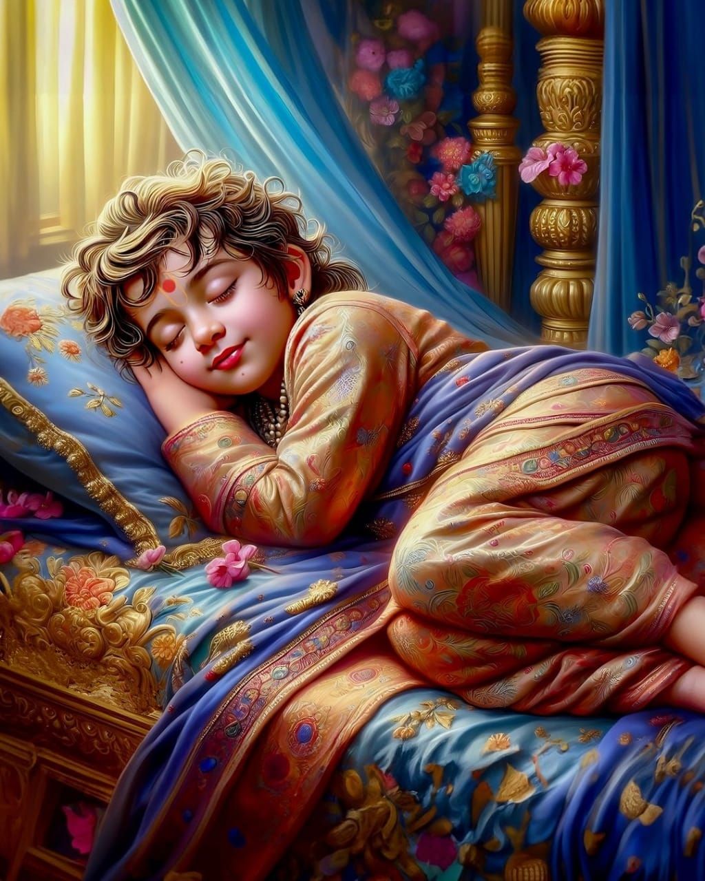 Young Swaminarayan peacefully sleeping in bed