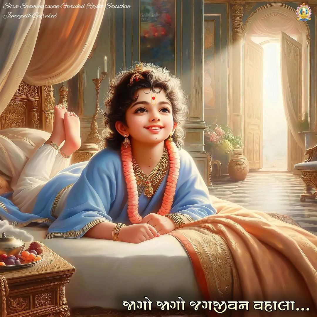 Young Swaminarayan resting in temple setting