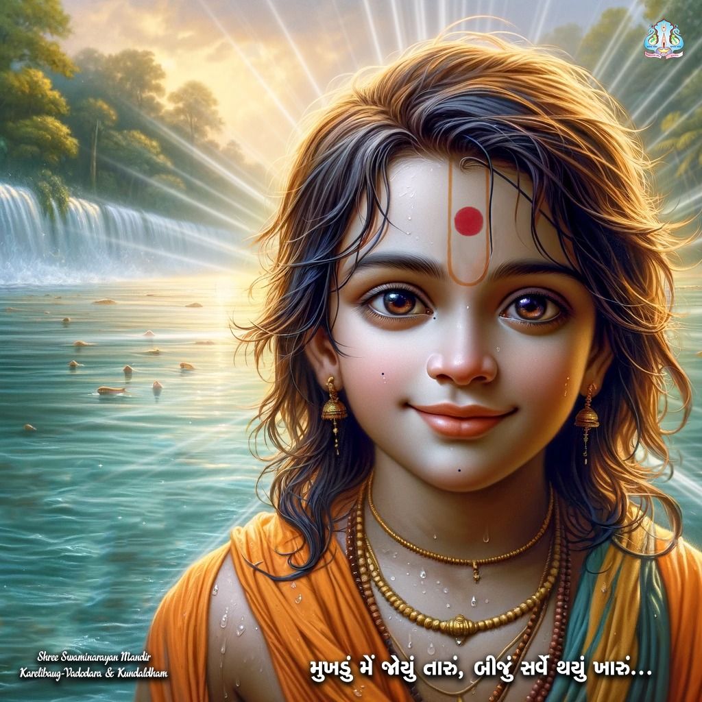 Swaminarayan Maharaj amidst a divine waterfall.