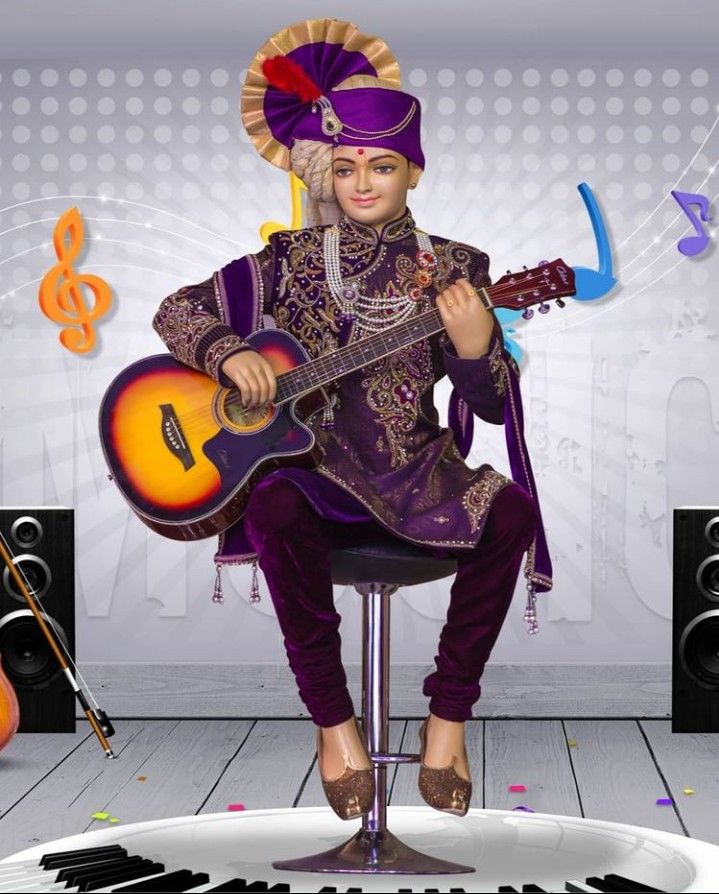 Swaminarayan playing a guitar, divine musician