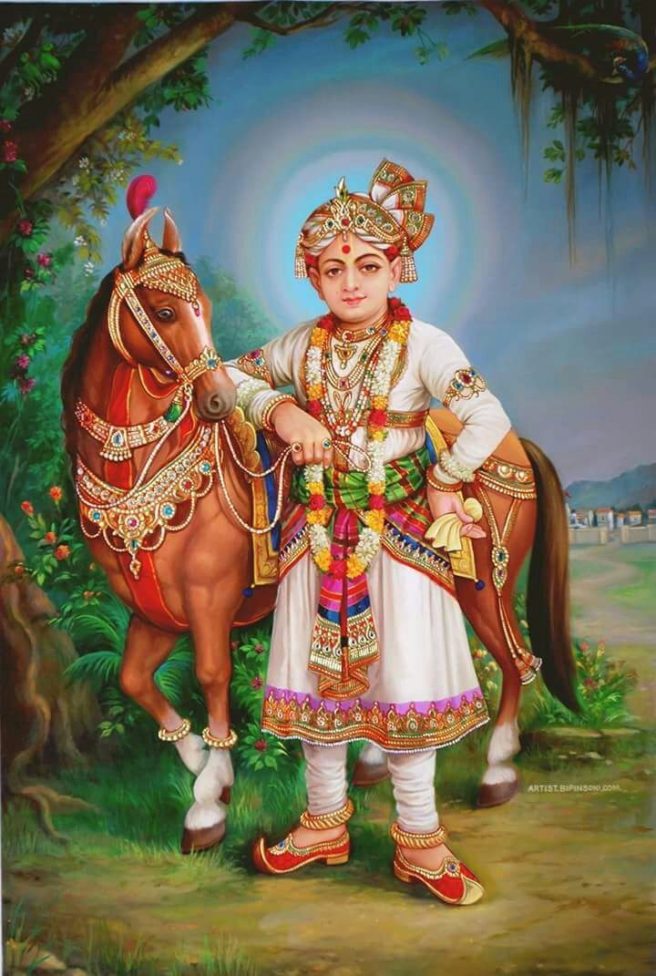 Swaminarayan riding a decorated horse