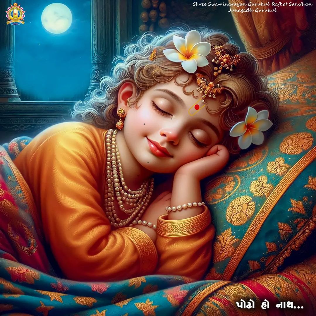 Young Swaminarayan sleeping amidst flowers