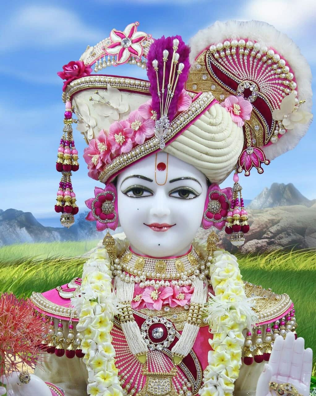 Swaminarayan with floral crown peaceful image