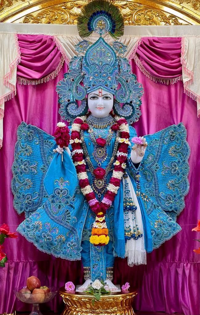 Beautiful Swaminarayan idol with floral garlands.