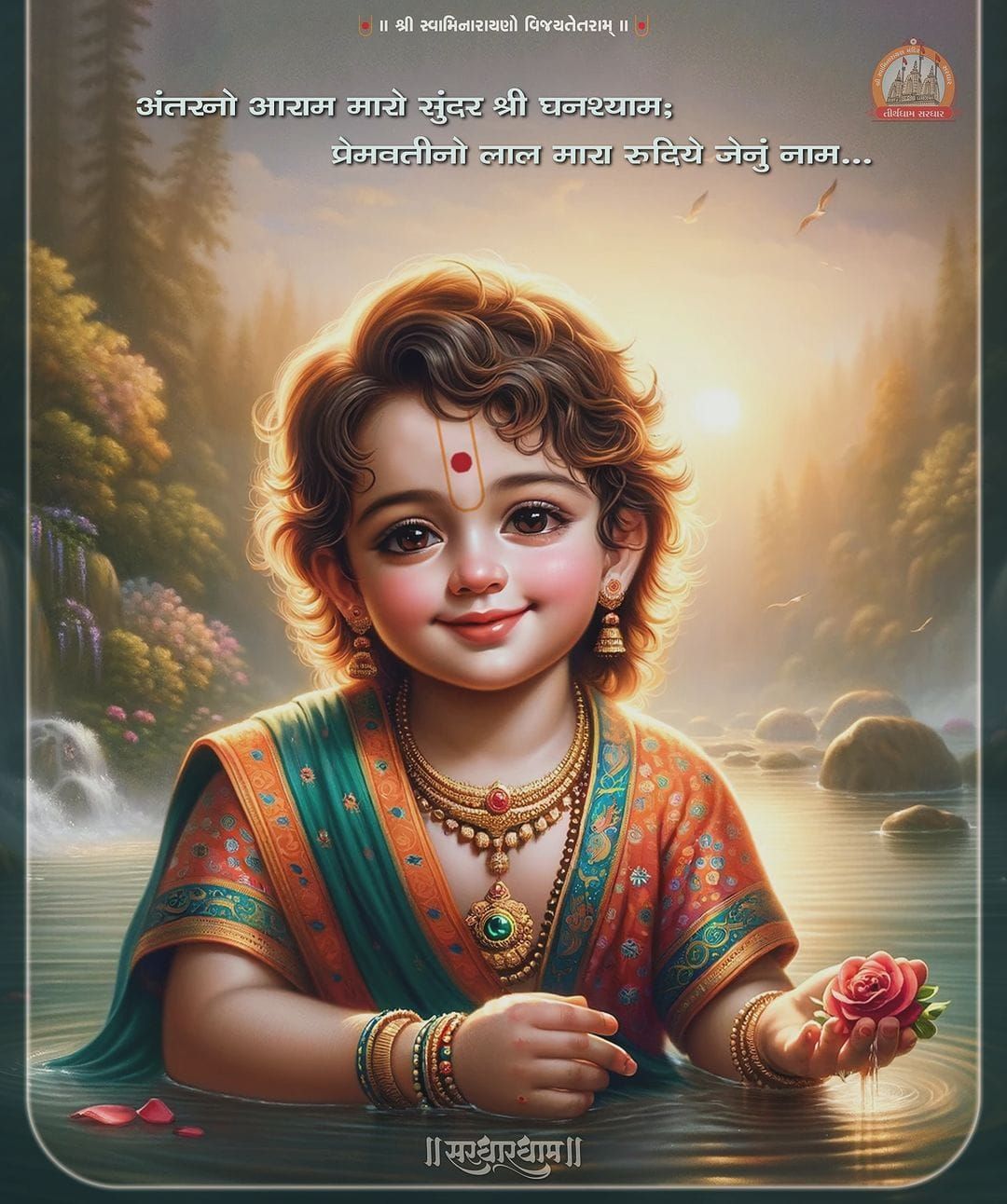 Young Swaminarayan amidst lotus flowers