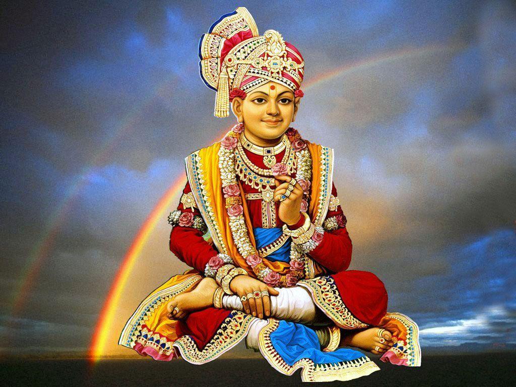 Swaminarayan with a rainbow in background