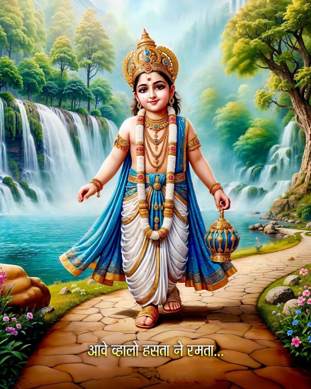 Swaminarayan Bhagwan amidst a lush landscape
