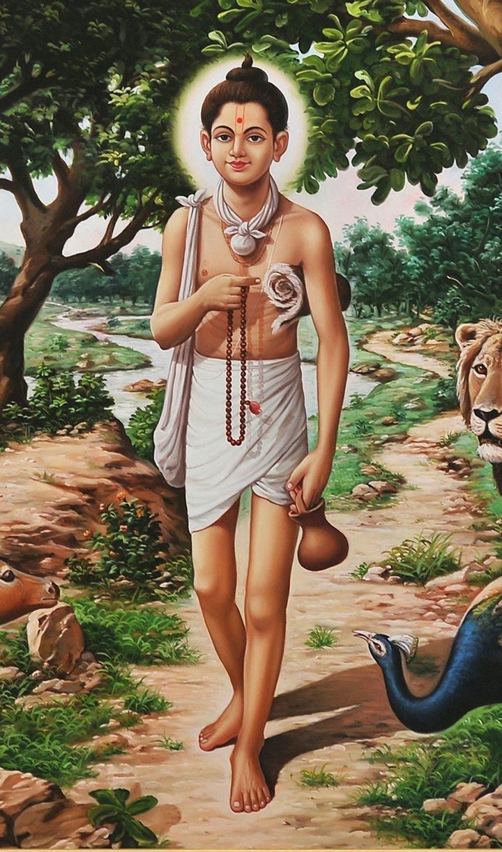 Swaminarayan walking in a forest landscape