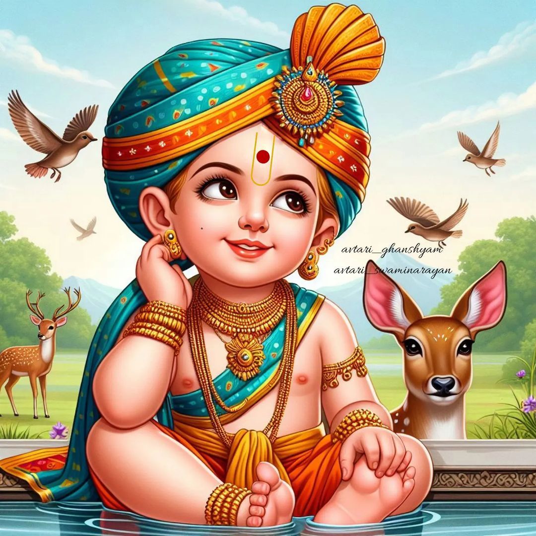 Adorable Swaminarayan child with deer and birds
