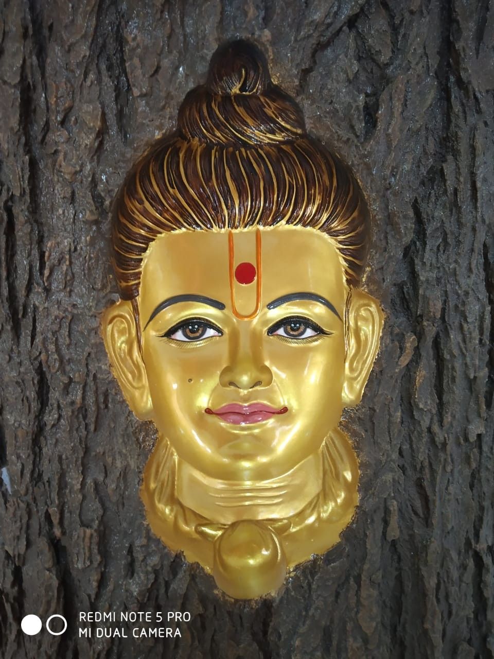 Golden face of Swaminarayan against wood.