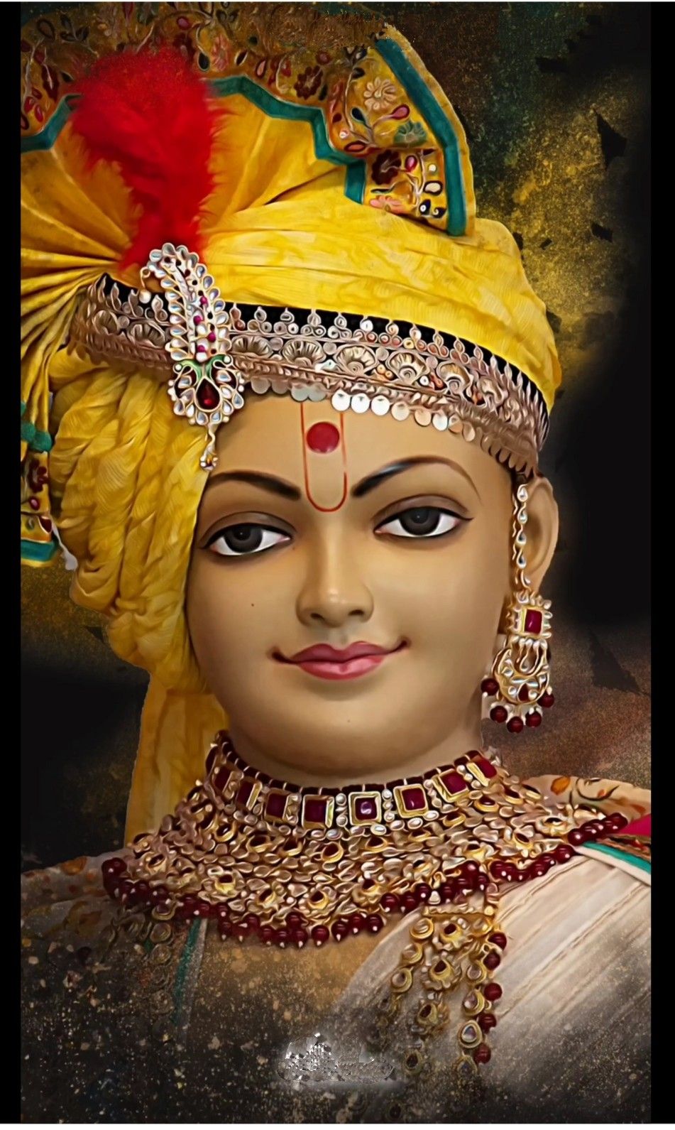 Close-up of Swaminarayan\'s radiant face.