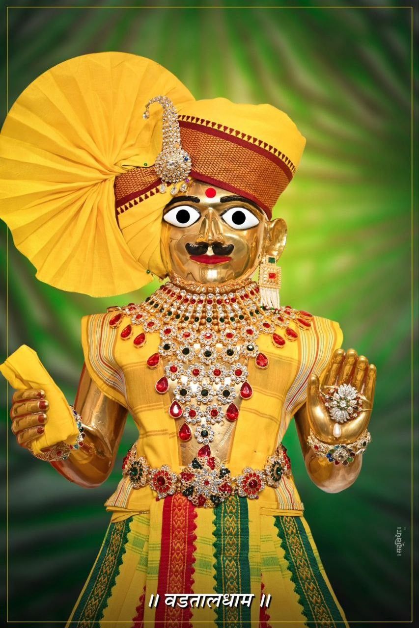 Golden Swaminarayan portrait with ornate jewelry