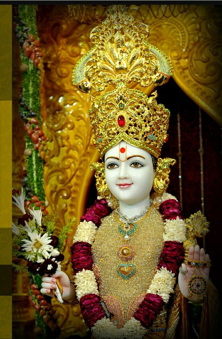Swaminarayan with golden crown and garland